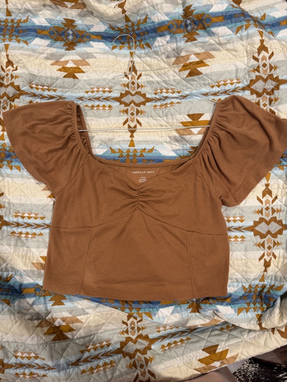 American Eagle Outfitters Rust Brown Puff-Sleeve Ribbed Crop Top